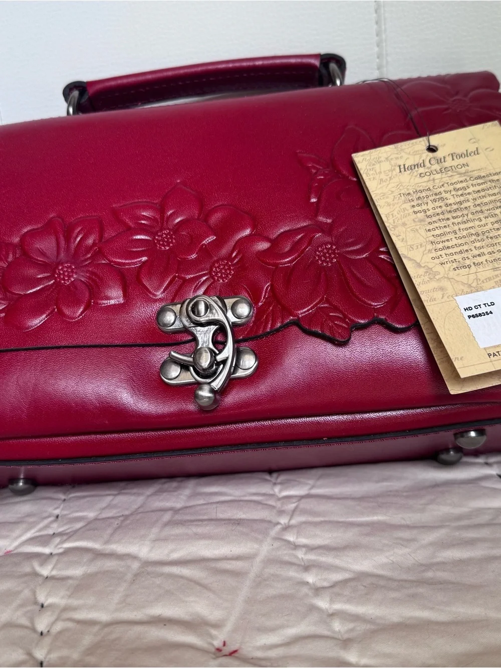 Patricia Nash Tooled Floral Leather Charrone Satchel in Berry Red